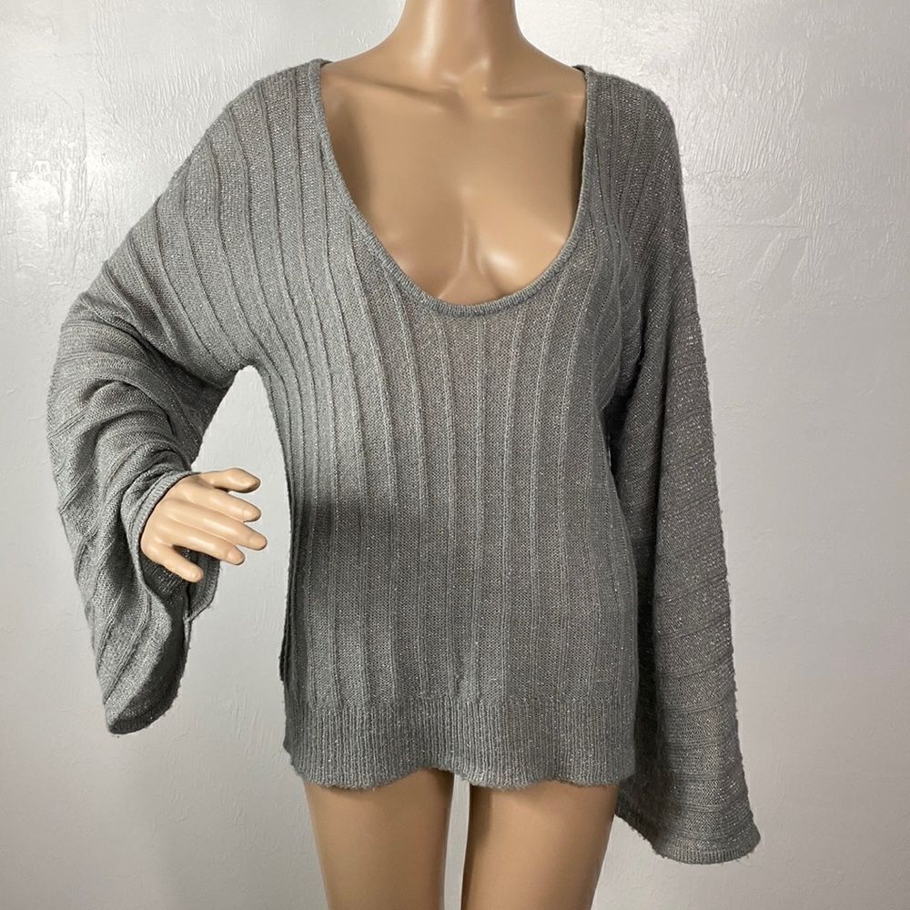 ❤️Last Chance Wear It grey long bell sleeves ribbed knit metallic pulloversize 2